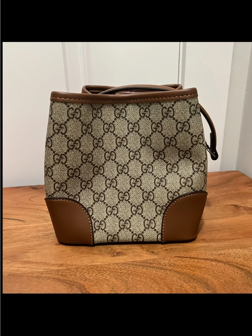 Women's Brown Leather-Trim Crossbody Bucket Bag